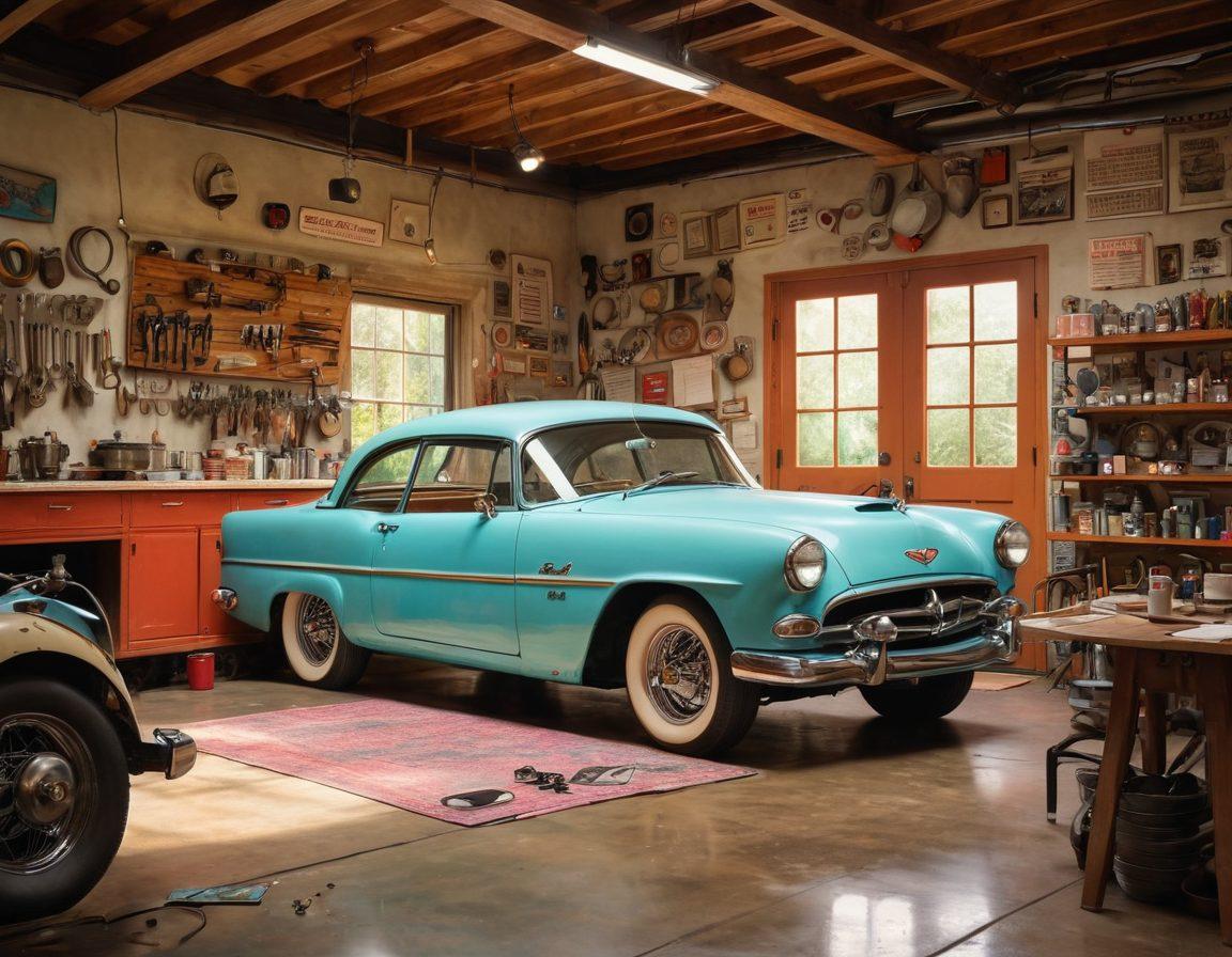 A whimsical scene depicting a mechanic's garage blending seamlessly with a cozy café where a couple shares a romantic moment over coffee. Tools and car parts artfully arranged to form heart shapes, with blooming flowers and vintage love notes scattered around. Warm lighting illuminates the garage, creating an inviting atmosphere. The couple is smiling, with a classic car in the background hinting at maintenance. Soft pastel colors. vibrant colors. mixed media.